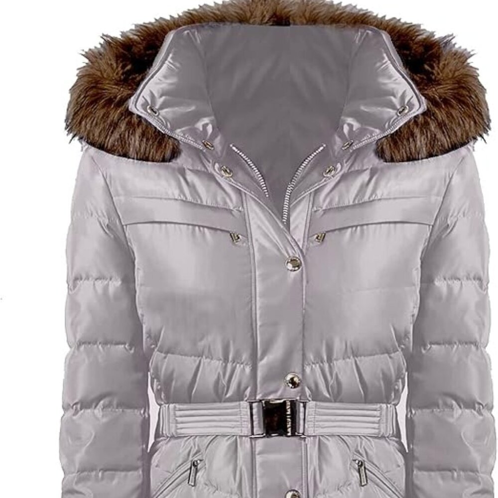 Michael Michael Kors Women's Nickel Light Gray Belted 3/4 Belted Puffer Coat